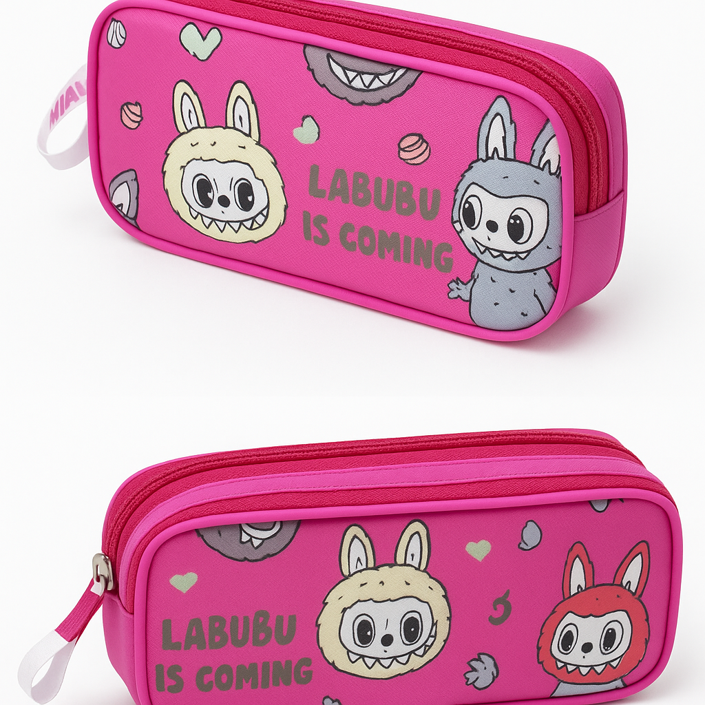 Labubu Cartoon Printed Double Zip Pencil Pouch - Pink