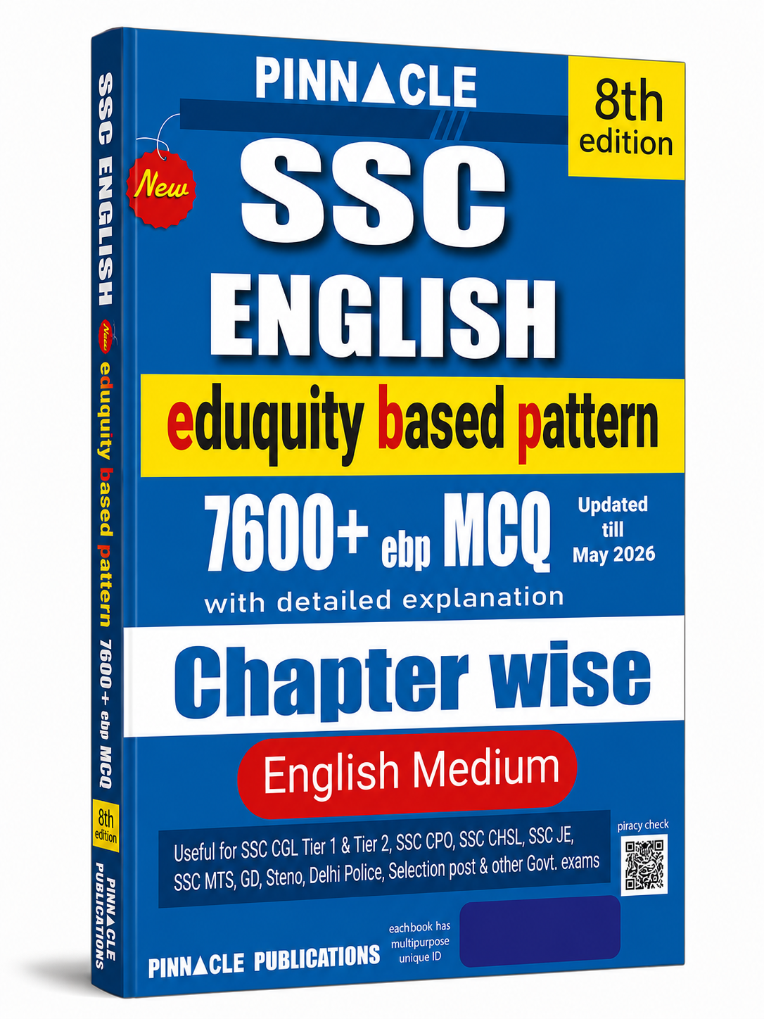 Pinnacle SSC English 8th Edition | 7600+ MCQs with Detailed Explanations | Chapter-Wise English Medium Book for SSC Exams